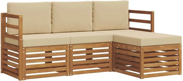 vidaXL Sofagarnitur 4-teilig aus Massivholz Akazie in Natur und Beige mit L-Form und Sitzkissen - Bild 1