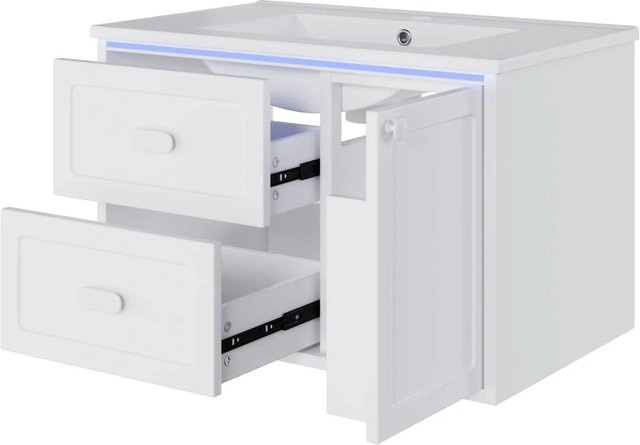 PXloue Waschtisch mit Unterschrank in Weiß, Wandhängendes Badmöbel Set mit Keramik Waschbecken, LED Sensor Licht und Schubladen - Bild 1