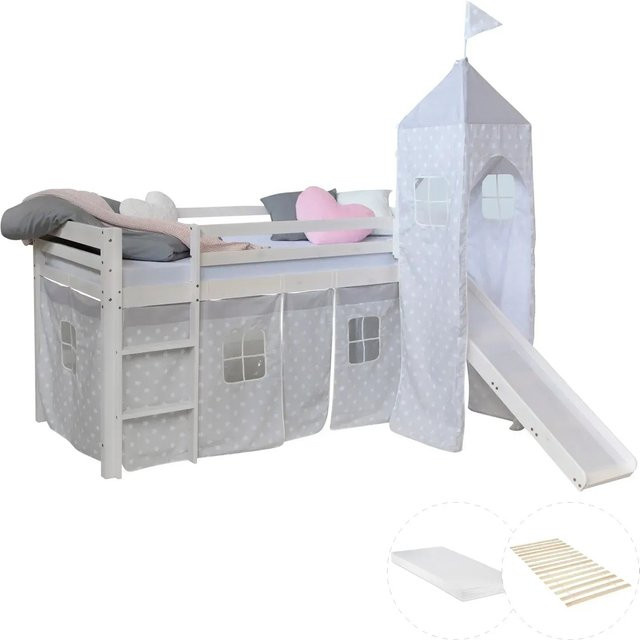 Homestyle4u Kinderhochbett aus Kiefernholz mit Lattenrost und Matratze, Weiß, B/T/H: 90 x 200 x 228 cm - Bild 1