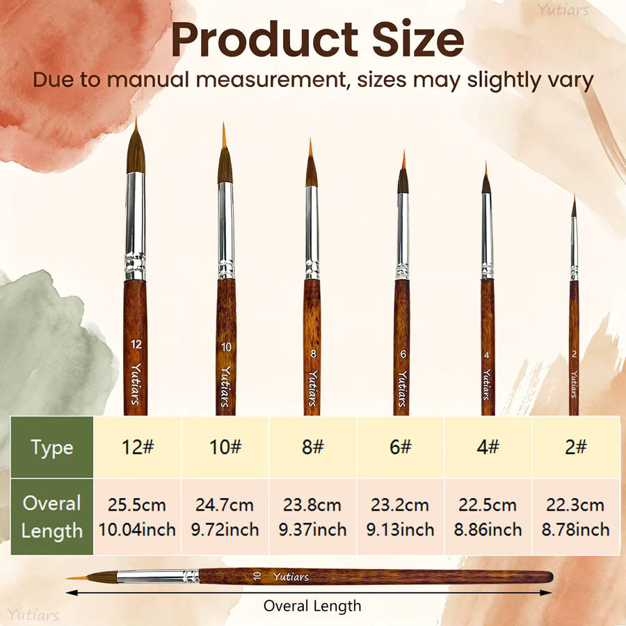 Yutiars 6-teiliges Premium Aquarell-Pinsel-Set mit verlängerten Spitzenpinseln und extra langen Stiften in Braun aus Holz - Bild 2
