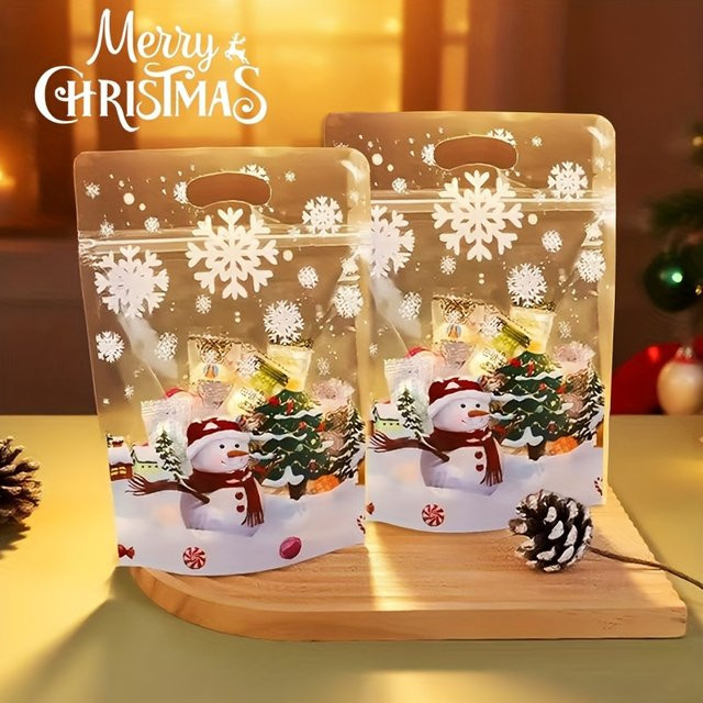 DUTRIEUX Weihnachts-Süßigkeitstüten mit Griffen, transparente Kunststoff-Leckereienbeutel mit Schneemann- und Baum-Design für Weihnachtsfeiern und Partys - Bild 1