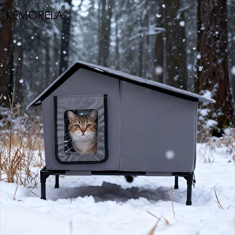 KEMORELA Winter-Katzenhaus für den Außenbereich mit Fluchttür, wetterfestes Katzenhaus in Grau für Garten und Außenbereich - Bild 3