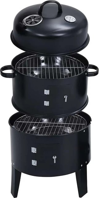 vidaXL 3-in-1 Holzkohlegrill und Räucherofen in Schwarz mit Thermometer, Lüftungsschieber und Aschekasten, B/T/H: 80 x 40 x 58 cm - Bild 1