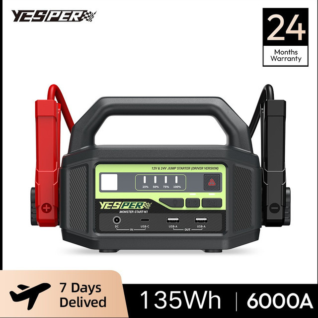 YESPER Auto-Starthilfegerät 6000A, 36400mAh Hochleistungs-Batterie-Booster für 12V/24V Benzin und Diesel, Schwarz - Bild 1