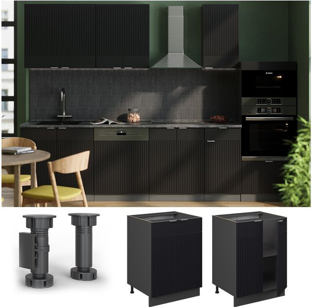 Vicco Küchenunterschrank Fame-Line Anthrazit Schwarz Gestreift mit Arbeitsplatte Marmor-Weiß Breite: 60 cm - Bild 1