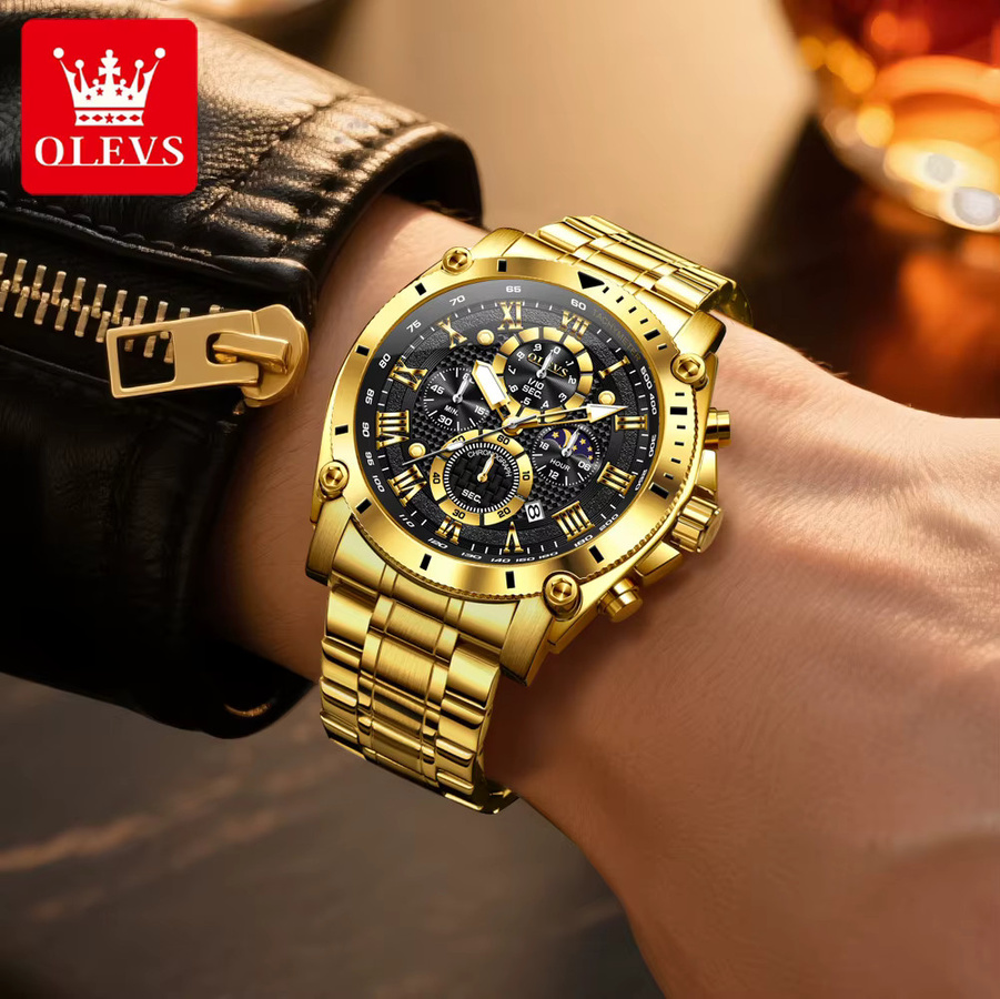 OLEVS Armbanduhr, Quarz, Edelstahl, Gold, Blau, Herren - Bild 4