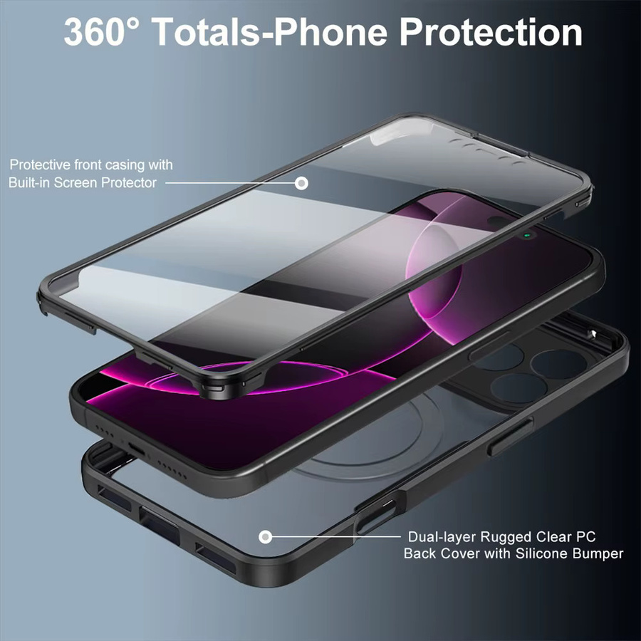 Magnetische 360-Grad-Vollschutz-Klarsichthülle für Apple iPhone 17 Air 16 15 14 13 12 11 Pro Max inklusive Bildschirmfolie in Transparent und Schwarz - Bild 1