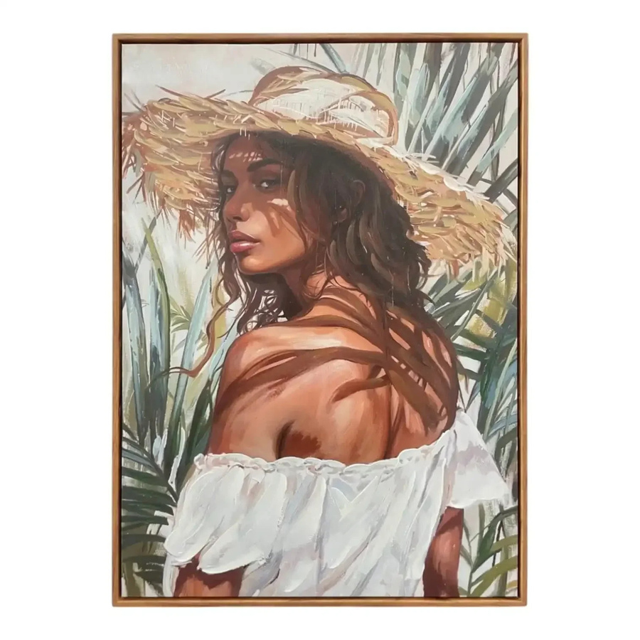 Mansion atmosphere Canvas-Gemälde Sofia – Frau mit Hut in Beige, Grün und Sand mit tropischen Blättern, B/H: 50 x 70 cm - Bild 1