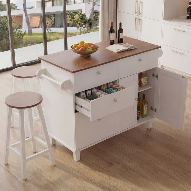 Kücheninsel MCW-P62 mit 2 Sitzhockern in Weiß und hellem Holz, Küchenschrank mit Schubladen und Staufächern, H x B x T: 90 x 131 x 47 cm - Bild 1