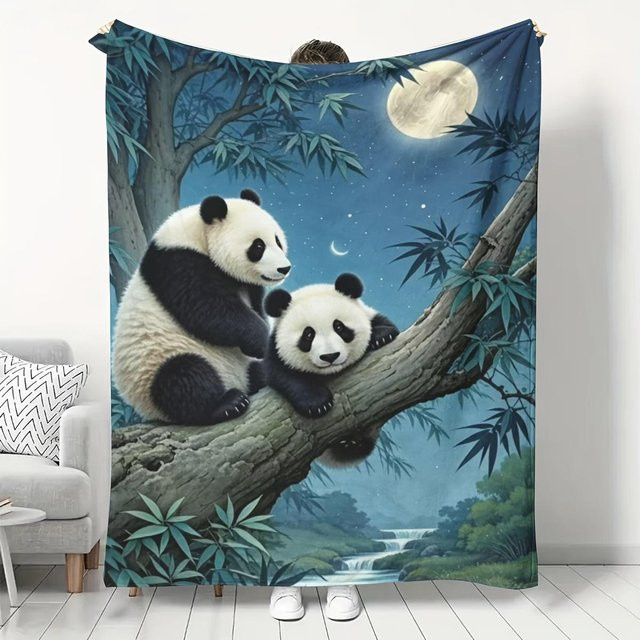 JMG Household Supplies Fleece-Decke Mondnacht-Print mit Pandas auf Ast, Blau, B/H: 130 x 150 cm - Bild 1