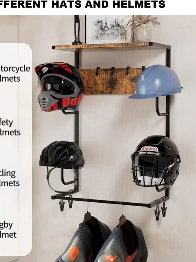 HiMISS Motorradhelm-Halterung Wandmontierter Helmständer in Schwarz mit 4 Clips und 4 Haken zur Aufbewahrung von Motorradzubehör - Bild 6