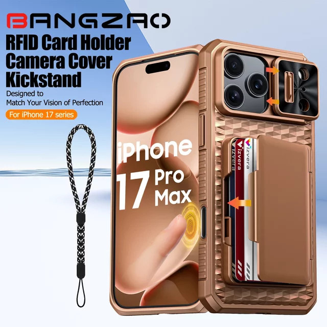 BANGZAO Wallet Case für 17 Pro Max mit Kartenhalter und verschiebbarer Kameraabdeckung aus PC und TPU in Orange und Braun - Bild 1