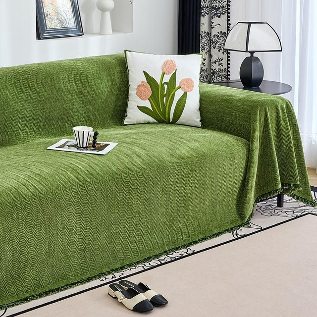 Chenille Sofaüberwurf im französischen Stil mit Quastenkante und Waffelstruktur, Farbe: Beige, Breite: 180 cm, Tiefe: 130 cm - Bild 1