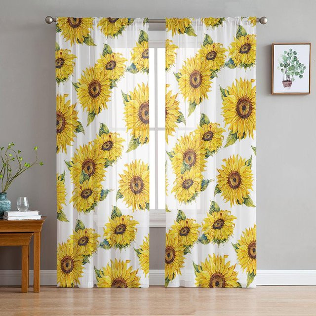 Transparente Sonnenblumen Vorhänge aus Tüll und Organza in Gelb für Wohnzimmer und Küche, B: 135 cm, H: 115 cm - Bild 1