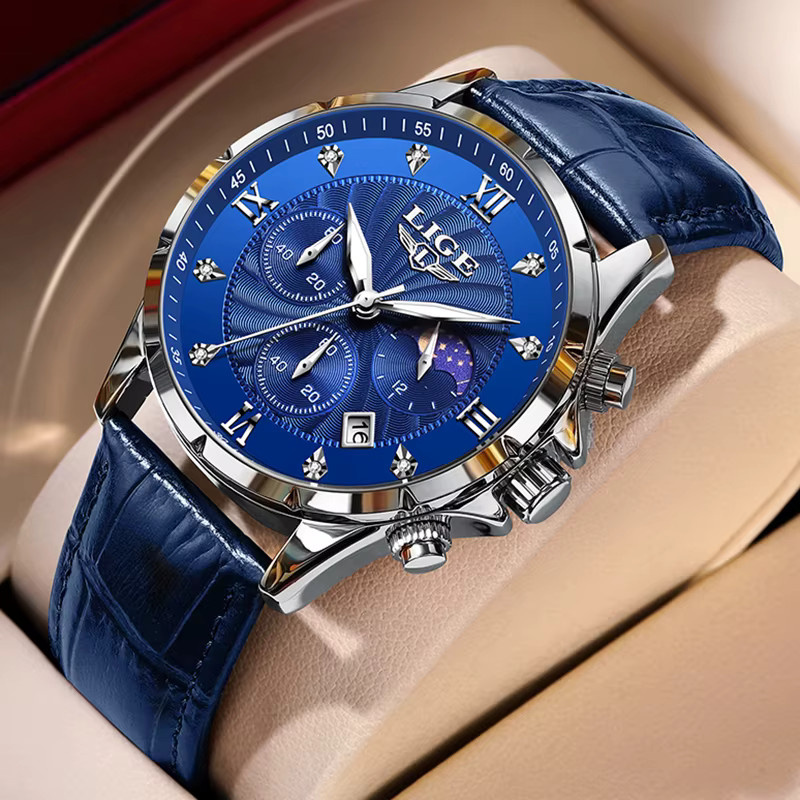 LIGE Armbanduhr, Quarz, Leder, Blau, Herren - Bild 4