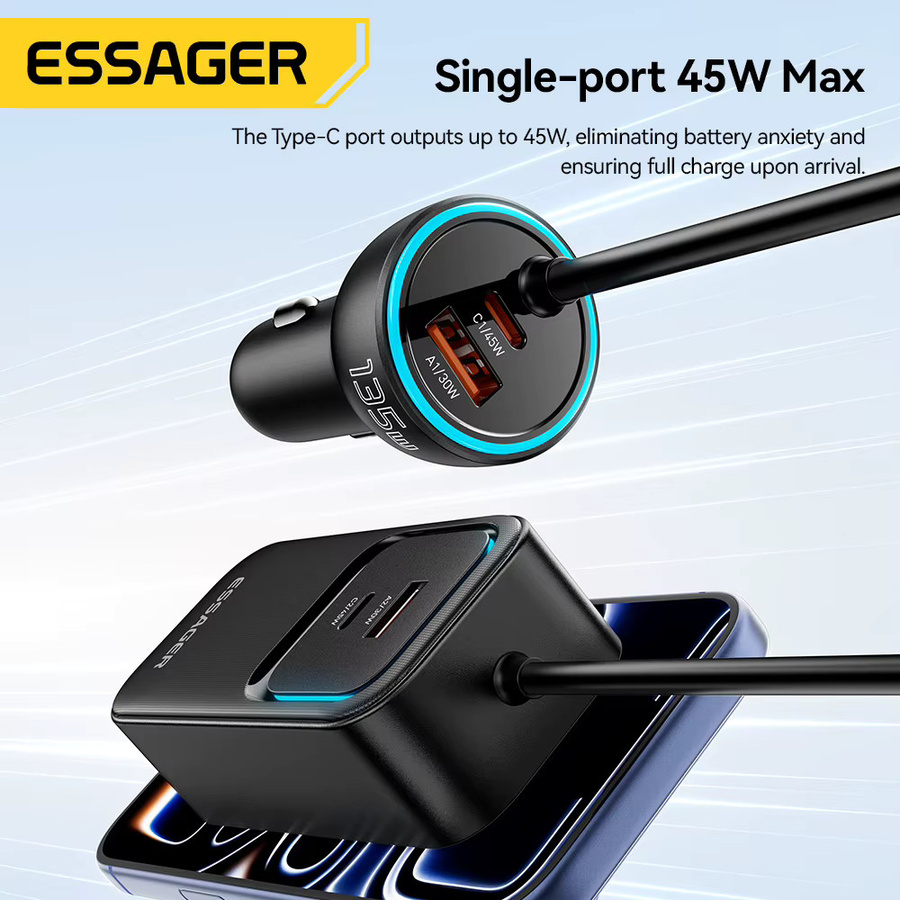 Essager 135W Dual Retractable Kabel-Ladegerät mit Rückseitiger Steckdose und USB-C PD QC Schnellladung in Schwarz - Bild 3