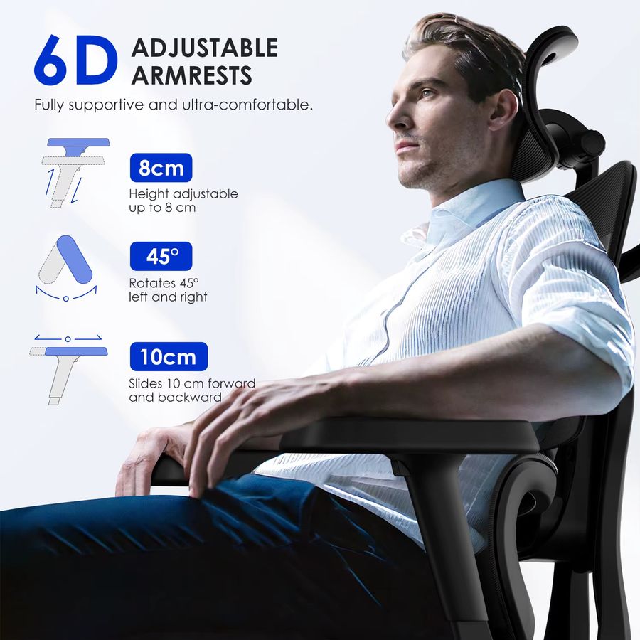AUTHMIC Premium Ergonomischer Bürostuhl in Schwarz mit 6D-verstellbaren Armlehnen, 3D-Kopfstütze, 3-Zonen-Rückenlehne und 200 kg Tragkraft - Bild 2