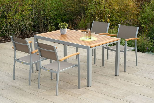 Merxx Gartenmöbelset Naxos 5-tlg. aus Aluminium, Akazie und Textil in Grau, mit ausziehbarem Tisch und stapelbaren Stühlen - Bild 1