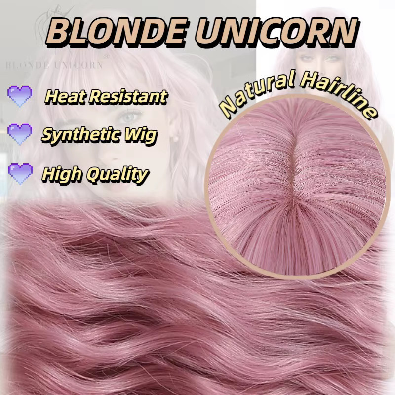 Blonde Unicorn Perücke, Rosa, kurz gewellt, mit Pony, Damen - Bild 2