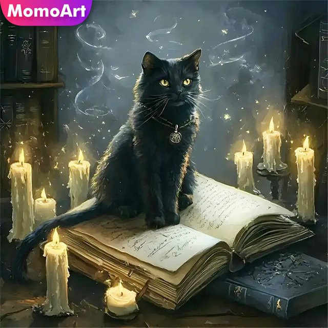 Momoart Diamant-Stickerei Schwarze Katze DIY-Malerei mit runden Steinen aus Kunststoff, B/H: 20 x 20 cm - Bild 1