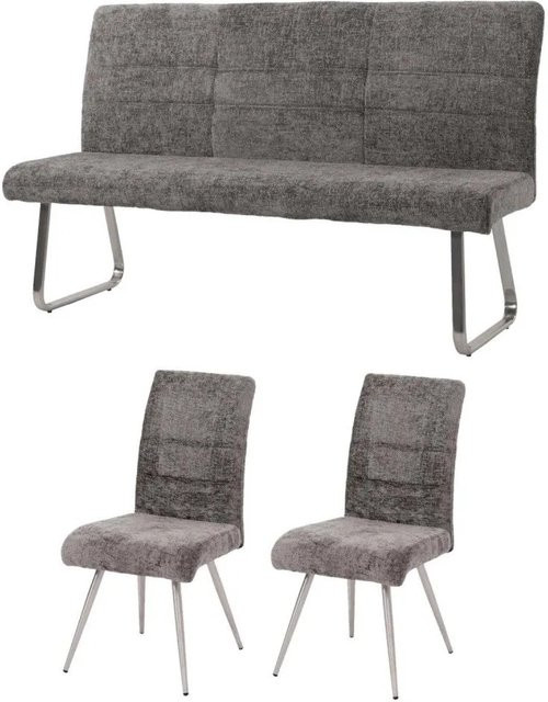 MCW Esszimmer-Set G55 mit 2 Stühlen und einer 160 cm Sitzbank aus Chenille in Dunkelgrau und gebürstetem Edelstahl - Bild 2