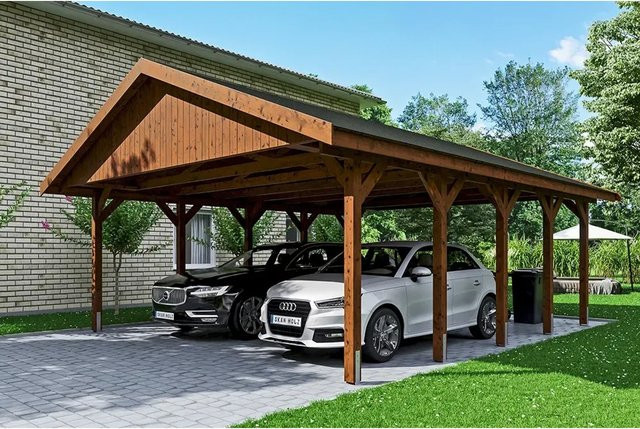 Skan Holz Carport Wallgau Satteldach aus Nadelholz in Nussbaum Braun mit schwarzen Dachschindeln B/T: 620 x 750 cm, Höhe: 354 cm - Bild 1