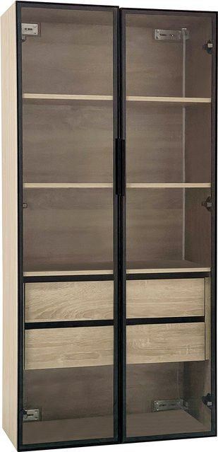 Aosom Badezimmerschrank aus MDF mit LED-Beleuchtung, Glasfronten, Schubladen und offenem Regal, Naturfarbe, B/T/H: 74 x 36 x 155 cm - Bild 1