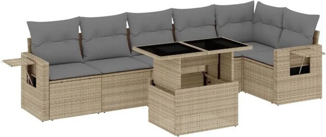 vidaXL 7-tlg. Garten-Sofagarnitur in L-Form aus Polyrattan mit Kissen, Beige - Bild 1