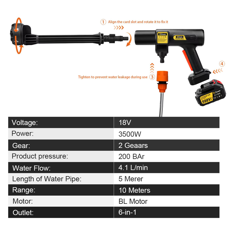 Gisam Bürstenloser Hochdruck-Autowascher 6-in-1 Kabellose Sprühpistole für Makita LXT Akku, Schwarz, 200 Bar - Bild 6