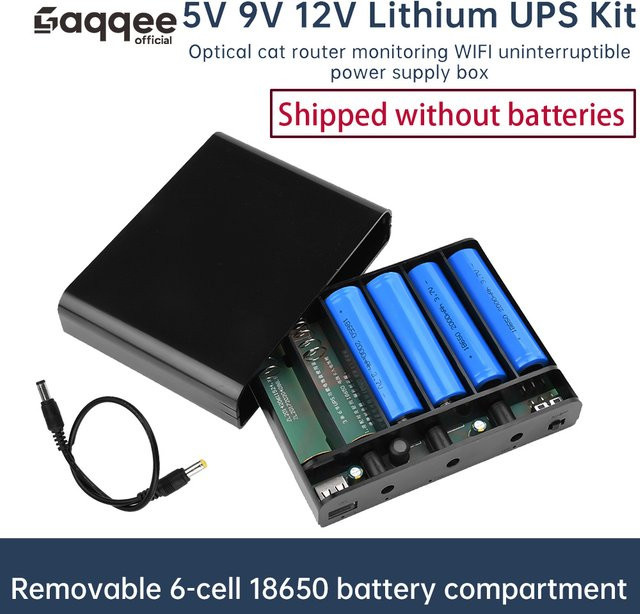 Gaqqee DC UPS 60 W Unterbrechungsfreie Stromversorgung DIY Power Bank Box für Router, Modem und Mobilgeräte mit 6x 18650 Batteriefach (5 V, 9 V, 12 V) - Bild 1