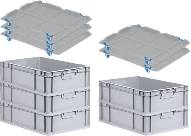 PROREGAL SuperSparSet 5x Eurobox NextGen Grip mit Auflagedeckel in Grau, 34 Liter, H x B x T: 17 x 40 x 60 cm, mit verstärkten Wänden und blauen Schiebeschnappverschlüssen - Bild 1