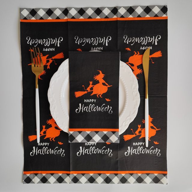 20 Stück Happy Halloween Gastservietten mit Hexenbesen und schwarzer Katze, 3-lagig, Multicolor und Schwarz - Bild 1