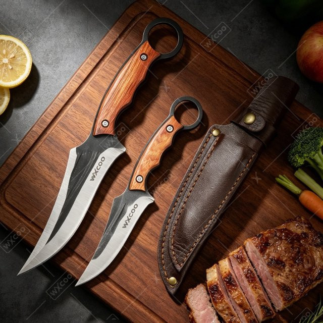 WXCOO Handgeschmiedetes Küchenmesser mit Scheide aus Edelstahl in Silber mit Holzgriff, Multifunktionales Fleischbeil und Ausbeinmesser für BBQ und Obst - Bild 1