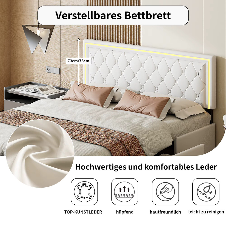 ROSAHQNDA Modernes Doppelbettgestell aus Kunstleder mit LED-Unterbettbeleuchtung und Schubladen, B/T/H: 140 x 200 cm, Grau/Weiß - Bild 3