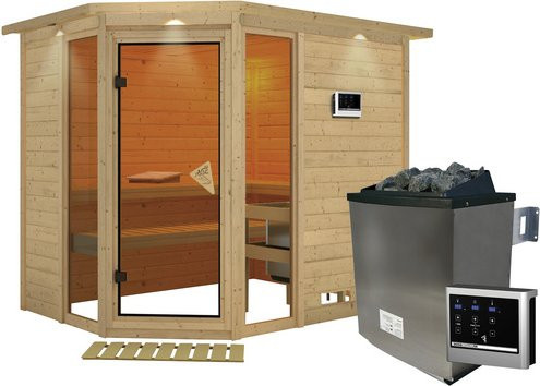 Karibu Sauna Kohila 3 aus Fichtenholz in Beige inklusive 9 kW Saunaofen mit externer Steuerung für 4 Personen, B/T/H: 264 x 198 x 212 cm - Bild 1