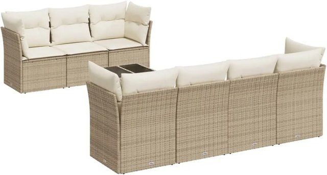 vidaXL 8-teilige Garten-Sofagarnitur in L-Form aus beige farbenem PE-Rattan mit Polsterkissen und Stauraum - Bild 1