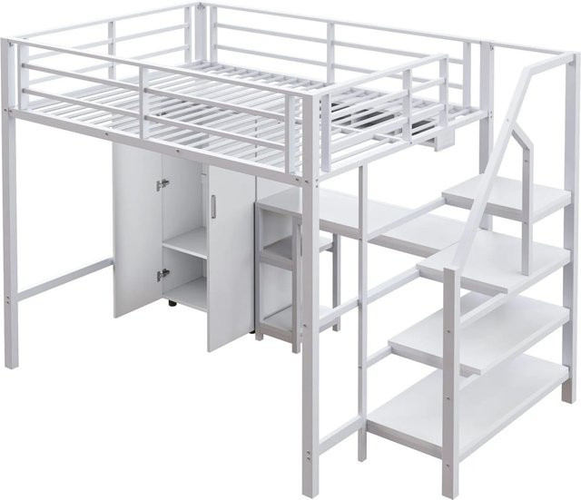 KOMHTOM Hochbett für Kinder in Weiß mit Kleiderschrank, Regalen, Ablageleiter und Schreibtisch aus Metall und MDF, B/T/H: 140 x 200 x 145 cm - Bild 1