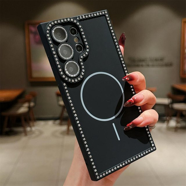 Luxus Bling Strass MagSafe Handyhülle für Samsung Galaxy S25 S24 FE S23 Ultra Plus und S24 Ultra mit Linsenschutz in Schwarz Matt Frosted - Bild 1