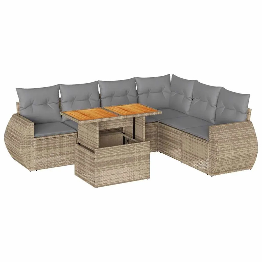 vidaXL 7-teilige Garten-Sofagarnitur in L-Form aus Poly-Rattan und Akazienholz mit Kissen in Beige und Hellgrau - Bild 2
