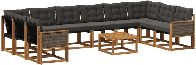 vidaXL Outdoor-Sofagarnitur L-Form aus Massivholz Akazie mit 11 Kissen in Natur und Schwarz - Bild 1