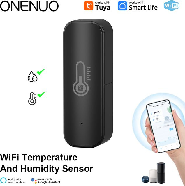 Onenuo Tuya Smart Temperatur- und Feuchtigkeitssensor mit WiFi und App-Steuerung für Smart Home, kompatibel mit Alexa und Smart Life, Schwarz - Bild 1