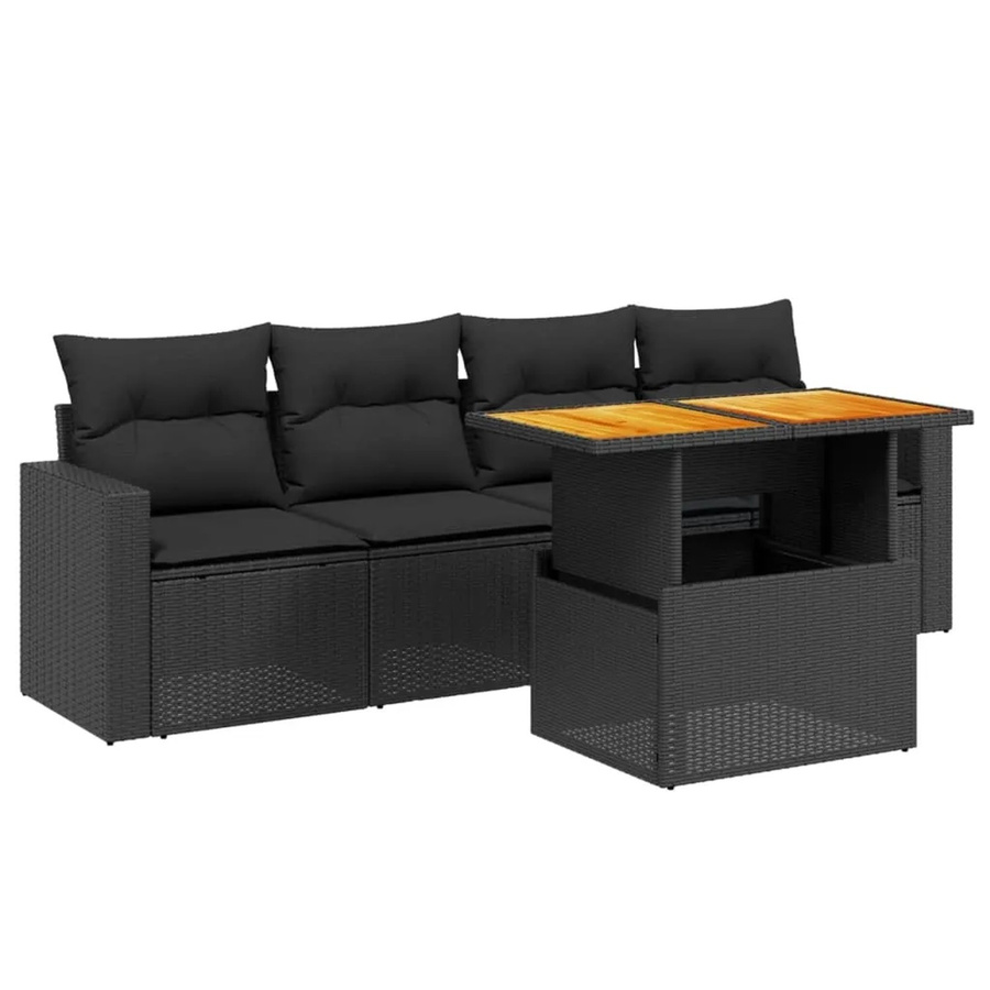 vidaXL 5-teilige Garten-Sofagarnitur in L-Form aus Polyrattan und Akazienholz mit Kissen, Schwarz - Bild 2