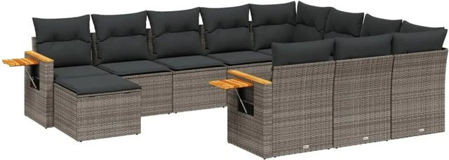 vidaXL 11-teilige Garten-Sofagarnitur aus Poly-Rattan und Akazienholz in Grau mit Kissen - Bild 1