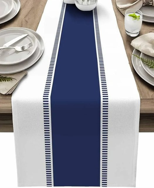 VIKAMA Leinen-Tischläufer gestreift in Marineblau für Landhaus-Küchen und Esstische, B/H: 150 x 33 cm - Bild 1