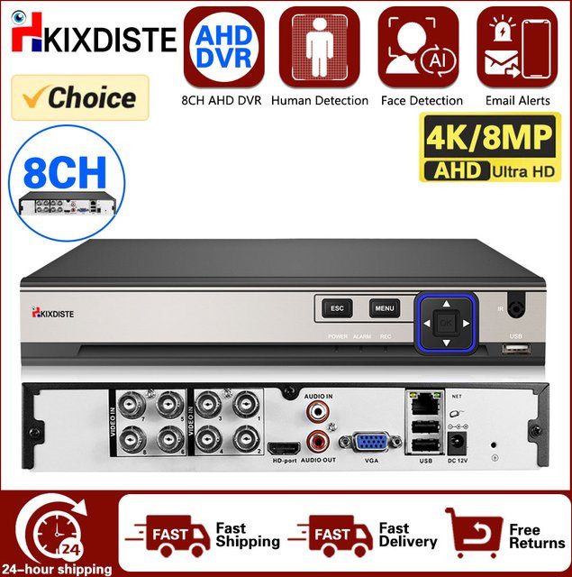 HKIXDISTE 6 in 1 Hybrid NVR DVR Sicherheits-Videosystem mit 8 Kanälen, 4K UHD Unterstützung, 8MP Xmeye Analog-Überwachungsrecorder, Farbe: Schwarz - Bild 1