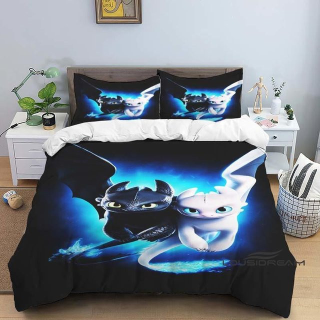 Drachenzähmen leicht gemacht 3-teiliges Bettwäsche-Set mit Cartoon-Print in Schwarz, bestehend aus Bettbezug und Kissenbezügen, B/T: 200 x 200 cm - Bild 1