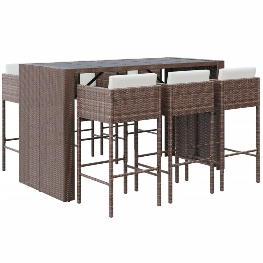 vidaXL 7-tlg Gartenbar-Set aus Poly Rattan in Braun mit Kissen und Hartglasplatte - Bild 2