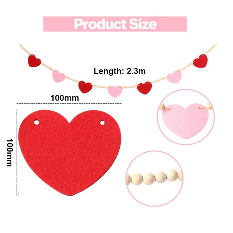 TOMTOP JMS Valentinstag-Dekoration mit Filzherzen und Holzperlengirlande in Rot und Rosa, hängendes Deko-Ornament für Hochzeit und Valentinstag, Länge: 230 cm - Bild 2