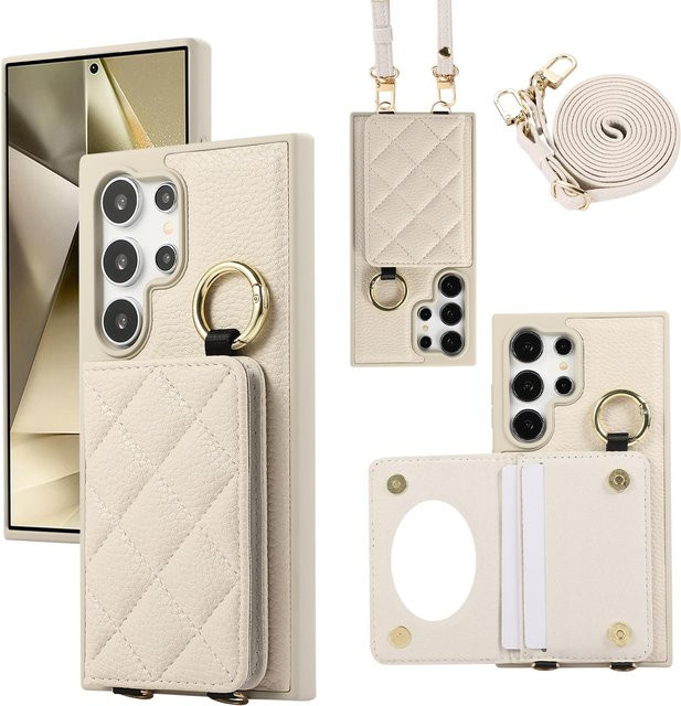 Crossbody Leder Handyhülle mit Ring und Spiegel für Samsung Galaxy S25 S24 S23 S22 Ultra Plus als Brieftasche mit Kartenhalter in Beige - Bild 1