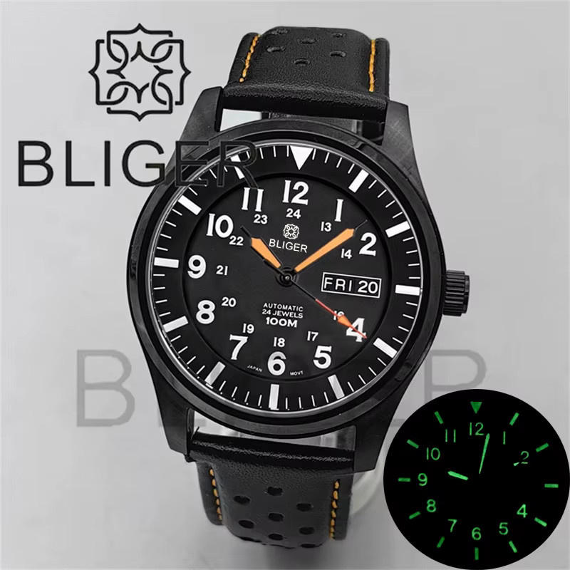 BLIGER Armbanduhr Automatik, Edelstahl, 42 mm, Grün, Leder, Herren - Bild 1